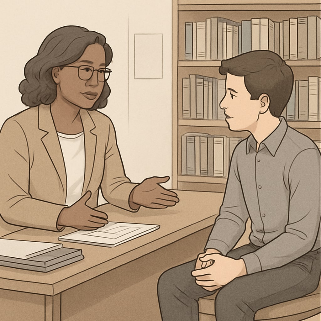 A school counselor meeting with a student in a private office, discussing behavioral strategies. School counselor providing mental health support to a student.