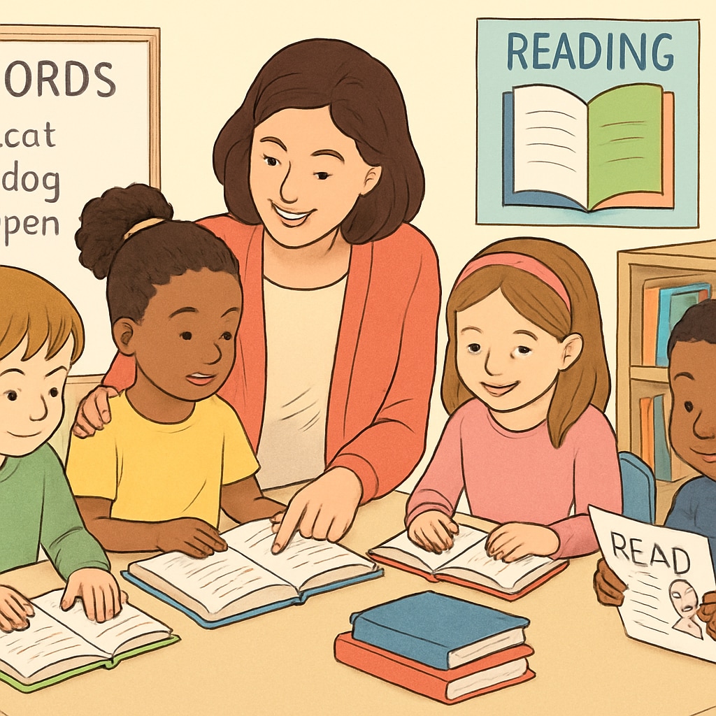 An image depicting a teacher working with young children on reading activities, symbolizing literacy instruction. Teacher engaging students in literacy instruction, representing whole language and phonics.