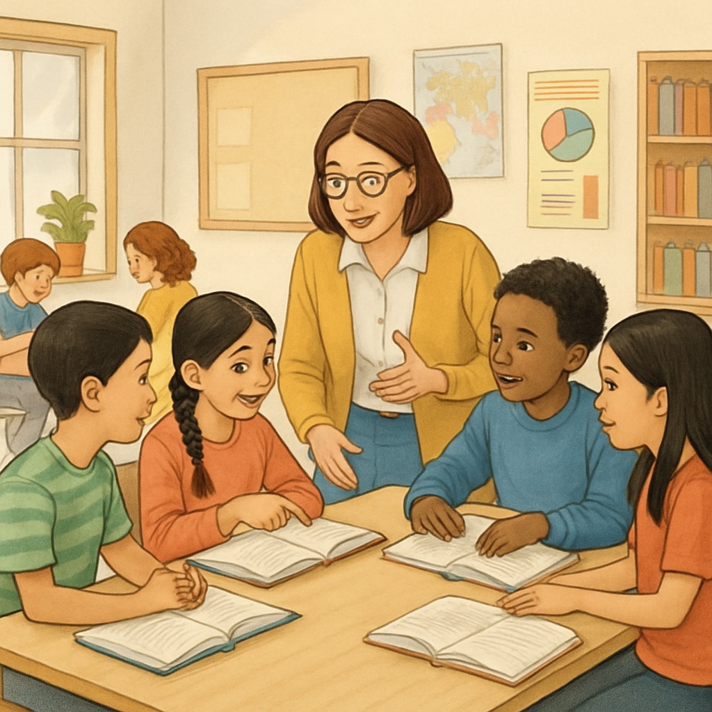 A diverse classroom with students and a teacher engaging in group learning activities, representing inclusivity in K12 education. Diverse classroom showcasing inclusivity in K12 education.