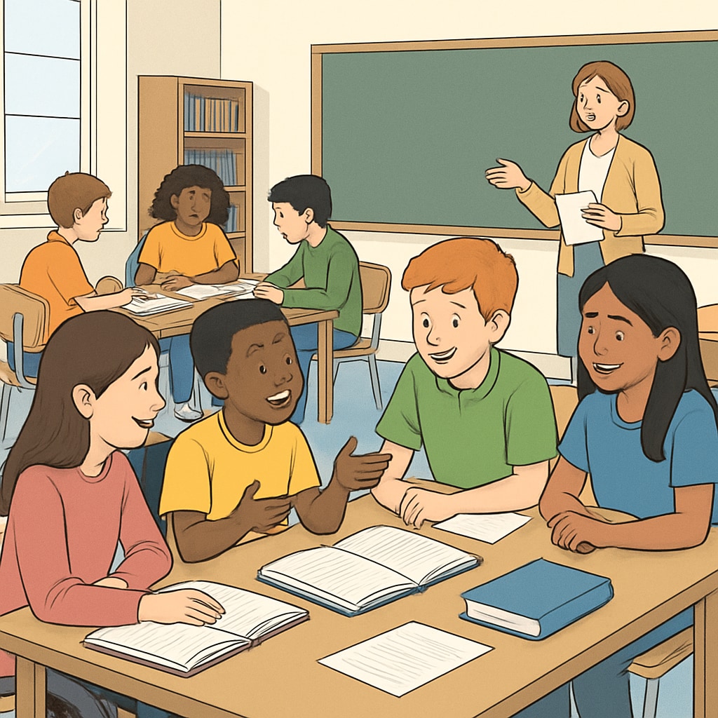 A classroom with students engaged in a mixed-ability group activity, illustrating cooperative learning. Mixed-ability group activity in a classroom setting related to talent and education.