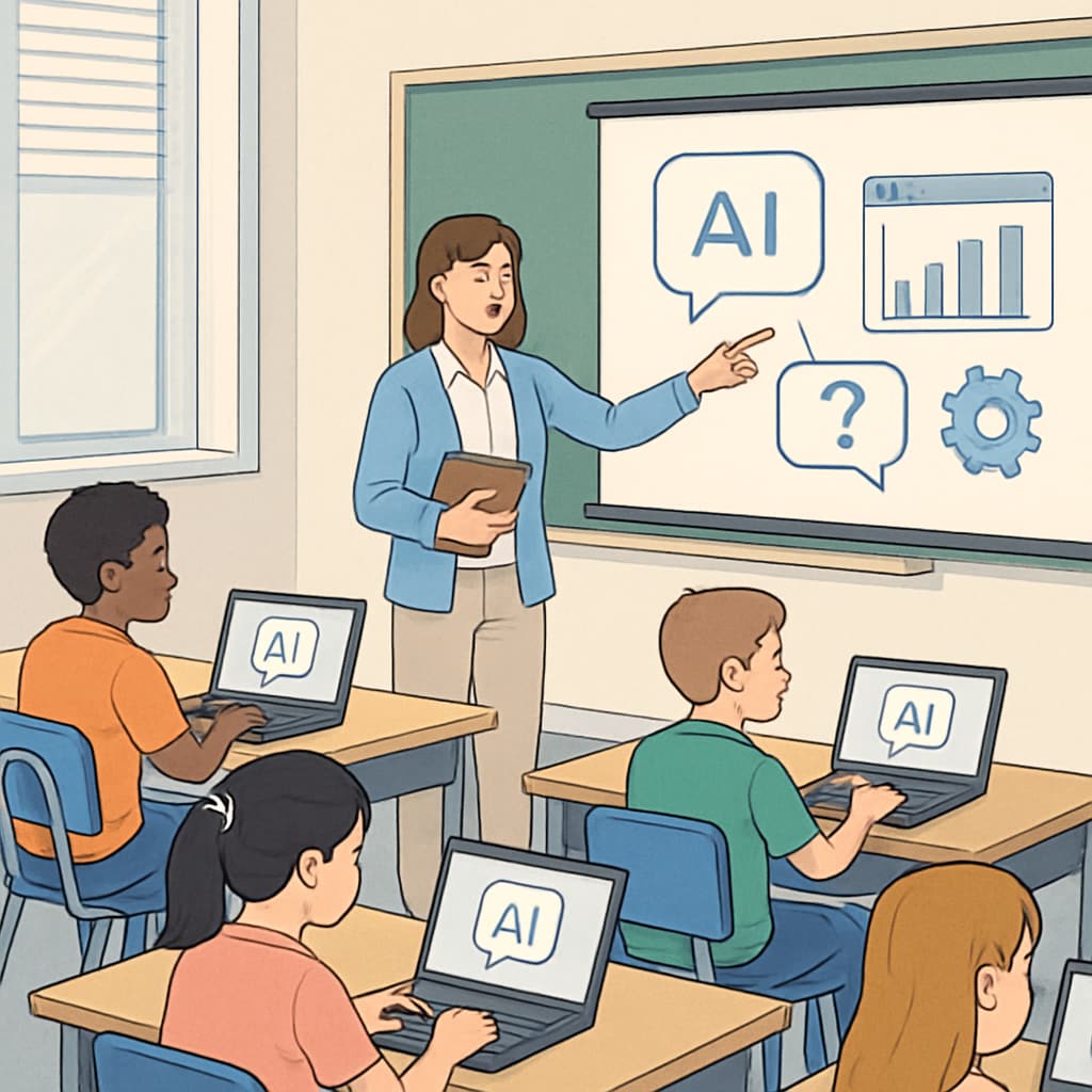 A modern classroom setting where students use laptops equipped with AI tools for interactive learning. Students exploring artificial intelligence tools in a classroom setting to learn modern skills.