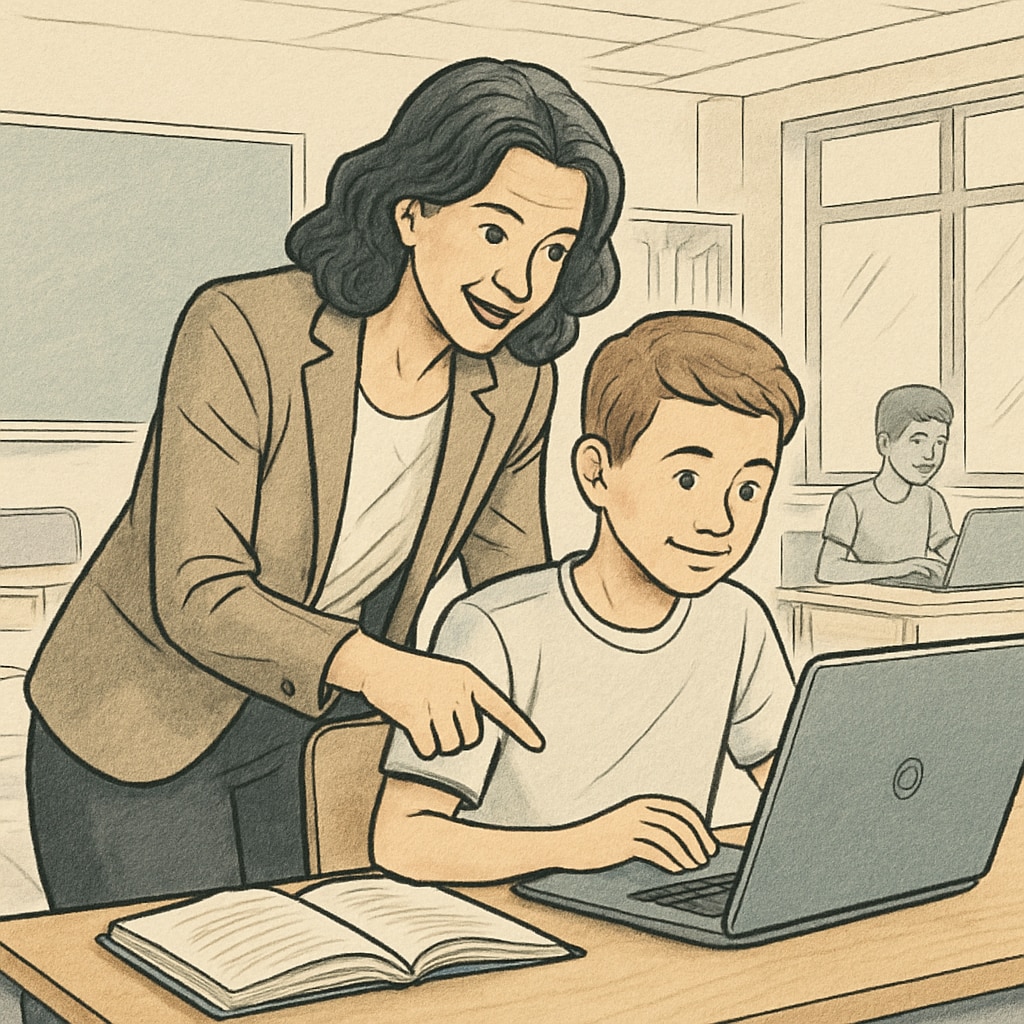 A teacher assisting a student with a laptop in a modern classroom setting, illustrating the use of technology in academic support. Teacher using technology to support student learning in K12 education.