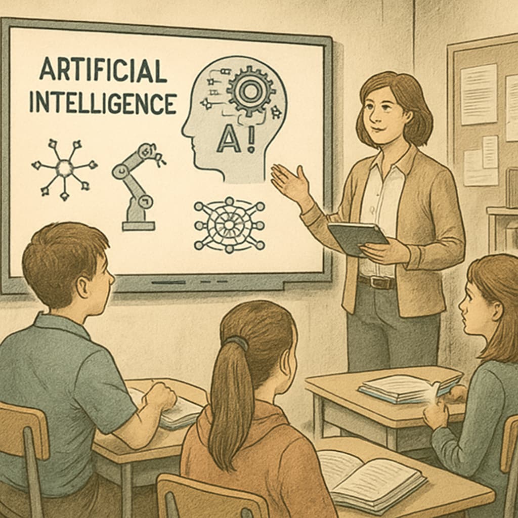 A teacher using interactive technology to explain AI concepts to high school students in a dynamic classroom environment. High school class exploring artificial intelligence concepts with interactive technology.