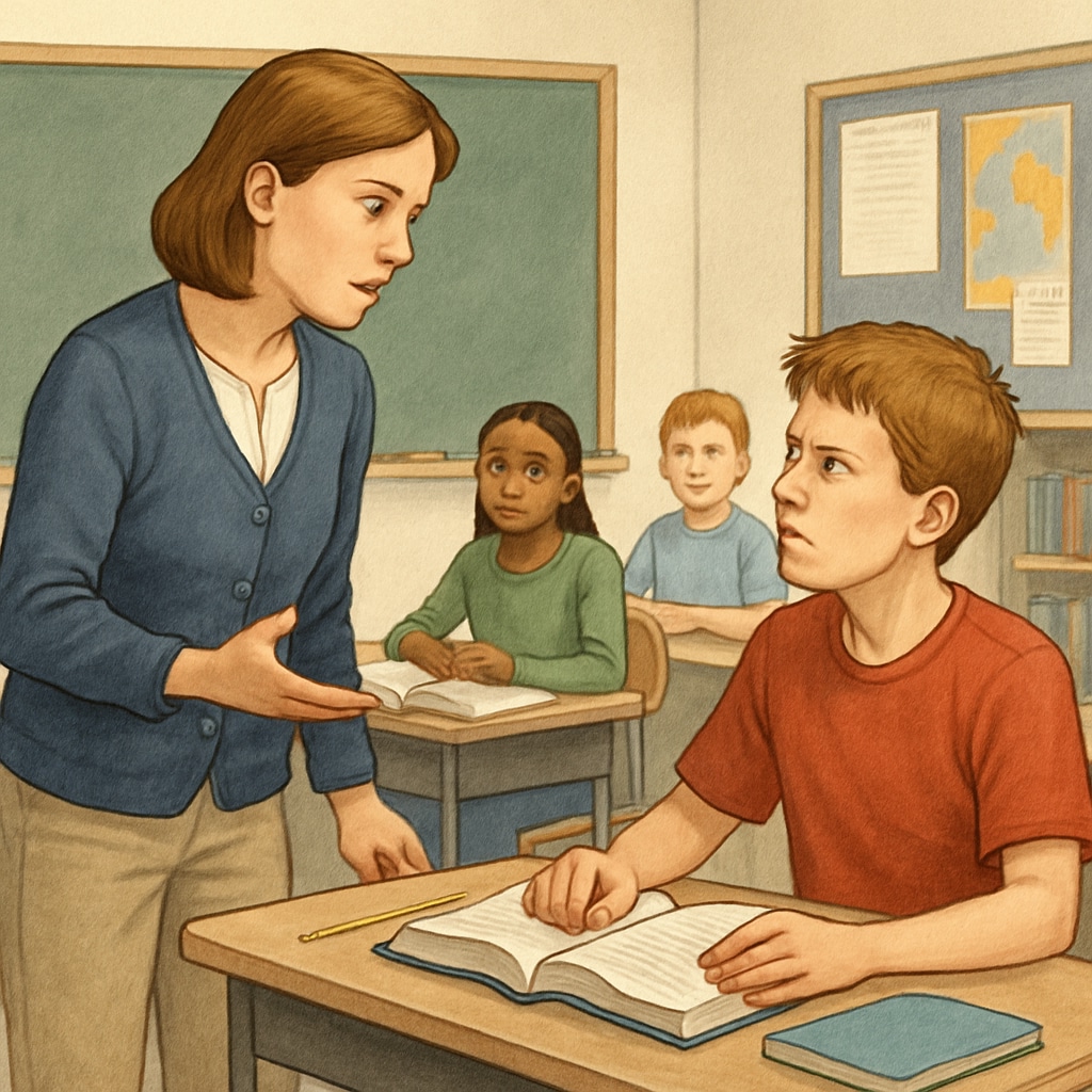 A classroom setting where a teacher addresses behavioral issues with a disruptive student. The image showcases the interaction between the teacher and the student, emphasizing constructive dialogue. Teacher discussing behavioral correction with a disruptive student in a classroom.