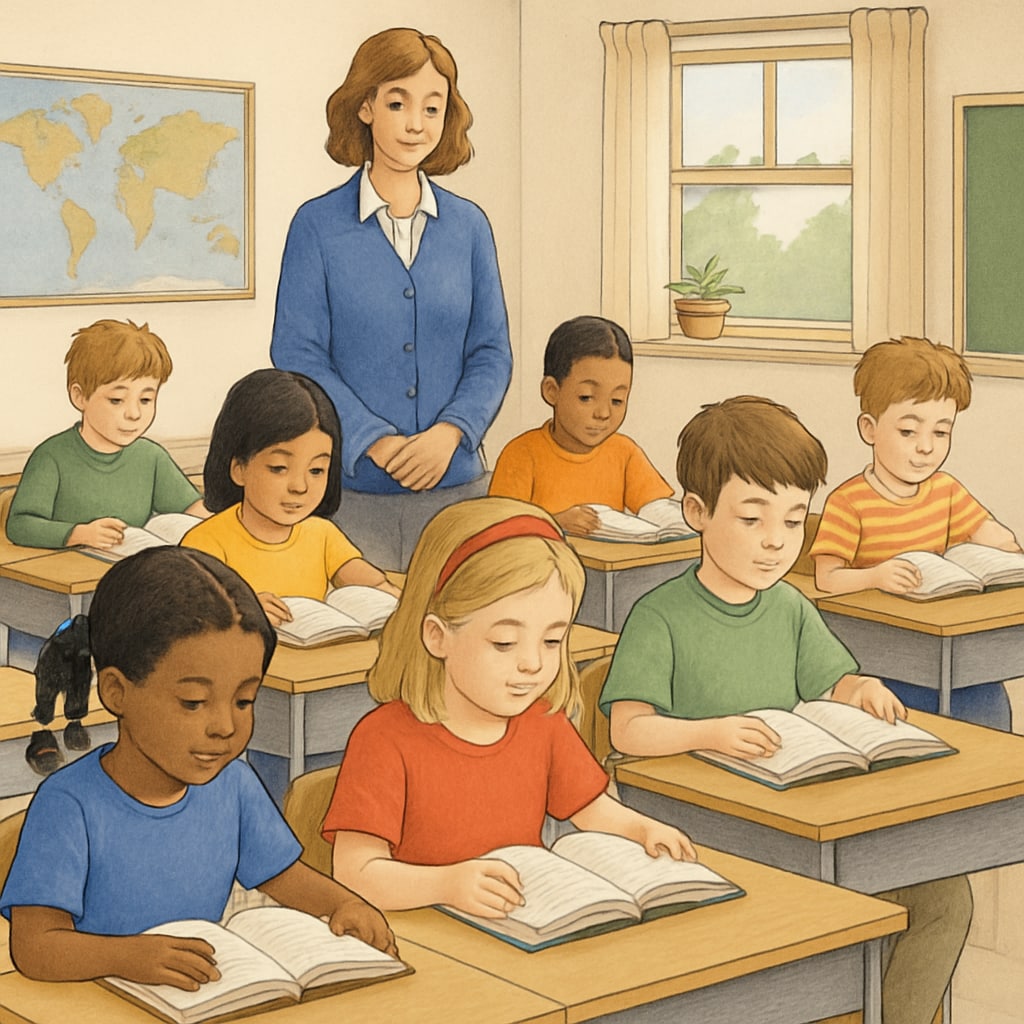 A classroom of elementary students engaging with books during a reading session. Elementary students reading in a classroom, showcasing balanced ELA teaching methods.