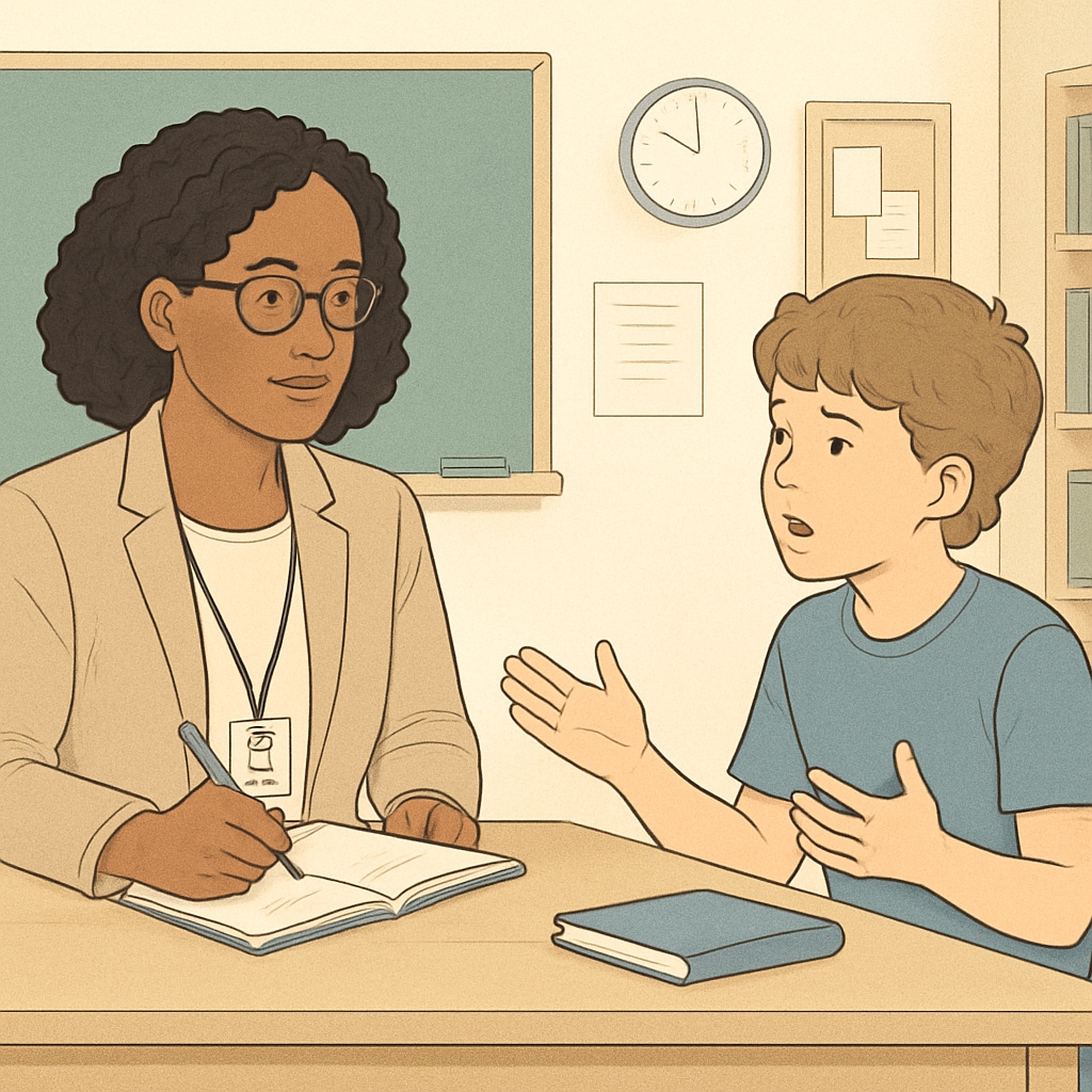 A behavioral therapist working with a student during a counseling session. The image highlights the importance of professional intervention in addressing behavioral issues. Behavioral therapist conducting a counseling session with a student for behavioral correction.