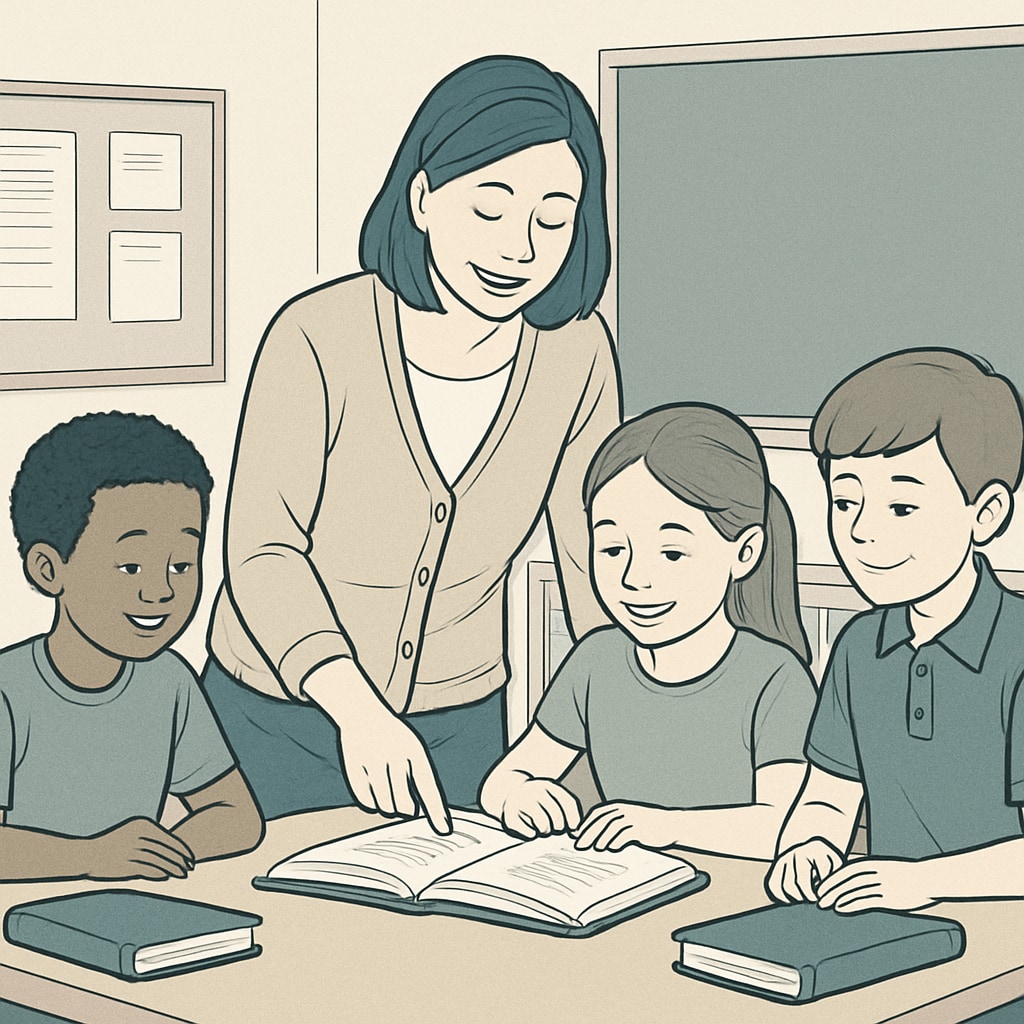 A teacher reviewing a book with students during a small group reading activity. A teacher guiding a small group of students in a reading activity, demonstrating scaffolding.