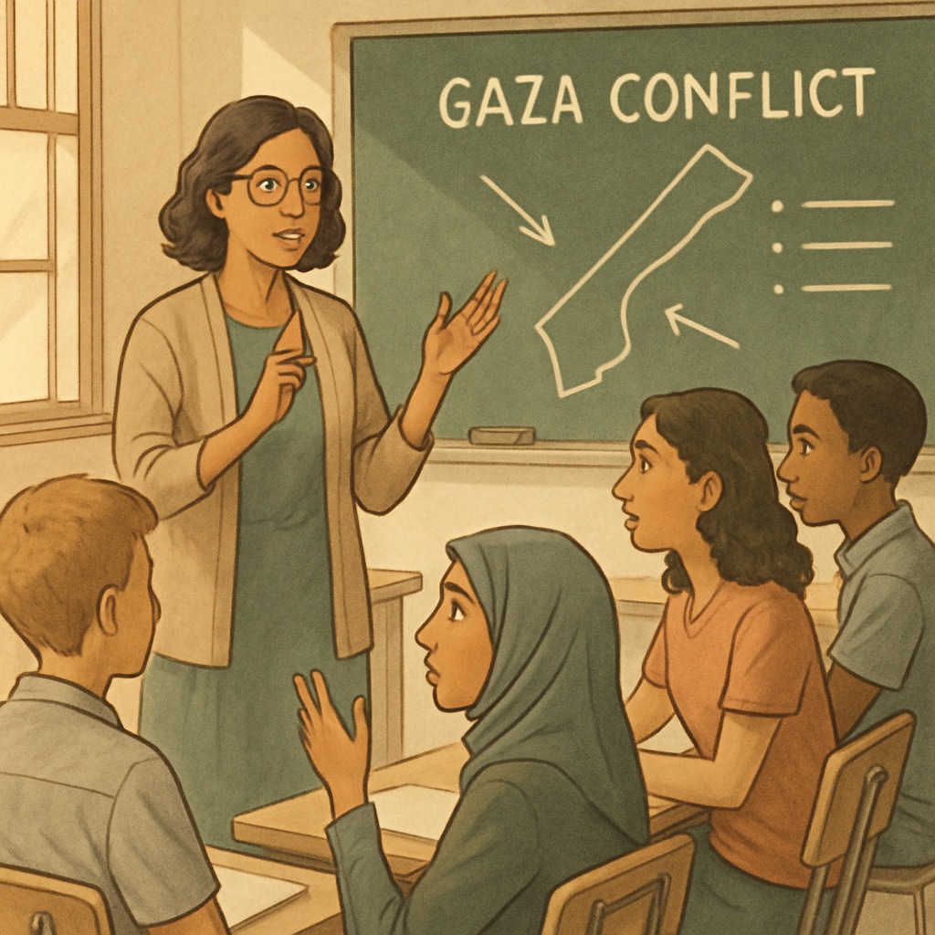 A teacher leading a classroom discussion on the Gaza conflict and its implications.
