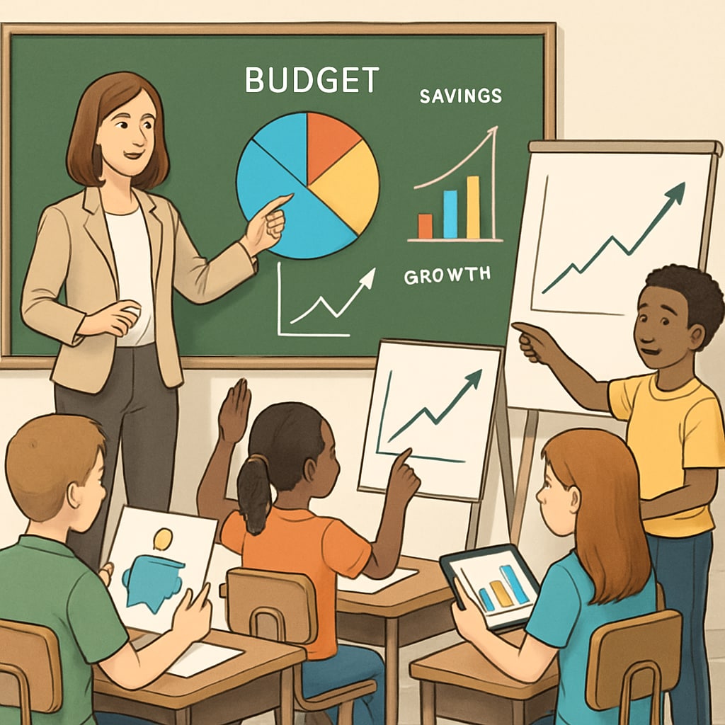 A classroom setting showing students actively engaged in a financial literacy lesson using charts and visual aids. Financial literacy lesson in progress, students learning practical management skills.