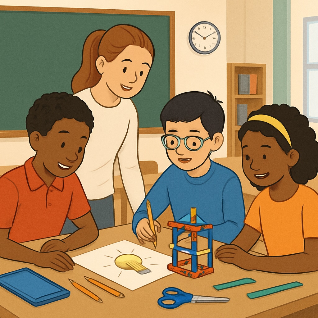 A group of diverse students collaborating on a creative project, representing a learning environment free from grade constraints. Students working together on a project, symbolizing learning beyond grades.