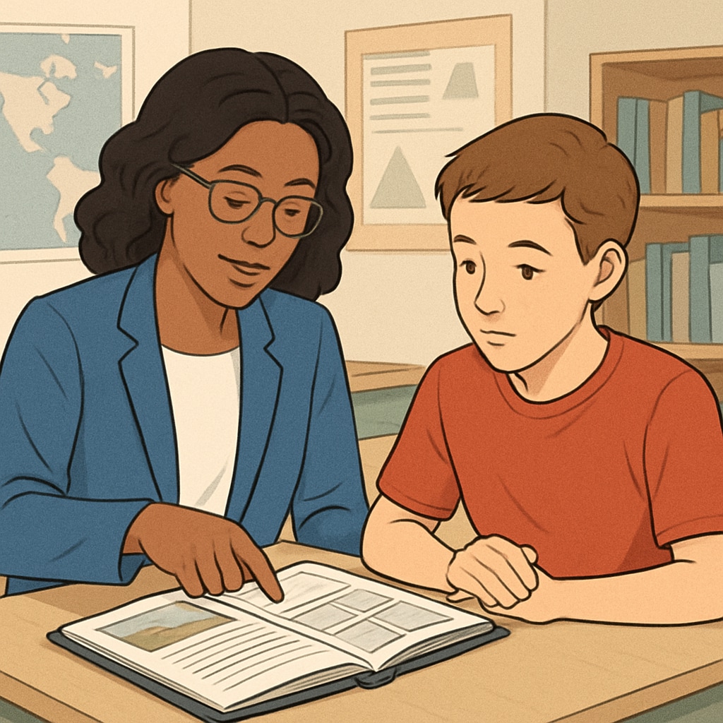 A teacher and student reviewing a portfolio, illustrating a more holistic evaluation method. Teacher assessing a student portfolio, highlighting alternative grading.