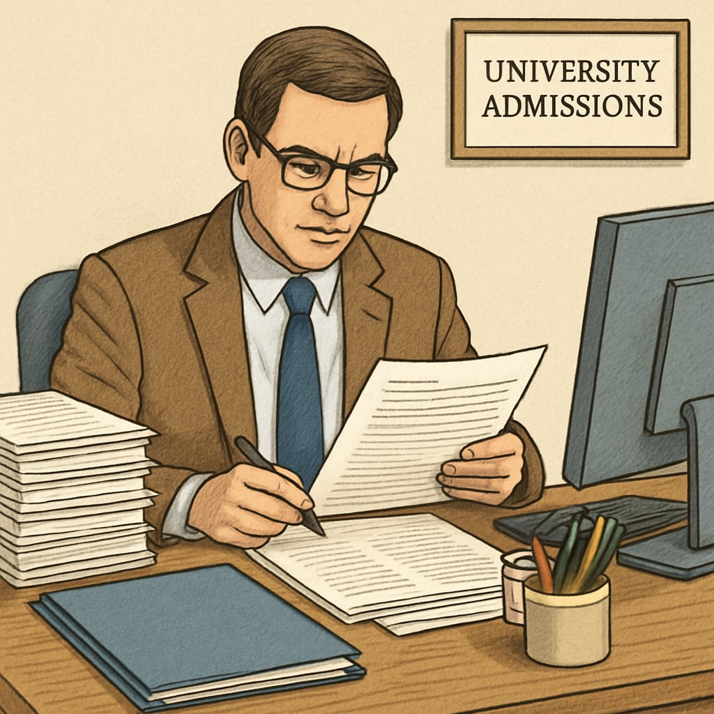 A university admissions officer reviewing application documents, examining for inconsistencies or dishonesty. Admissions officer checking documents for inconsistencies.