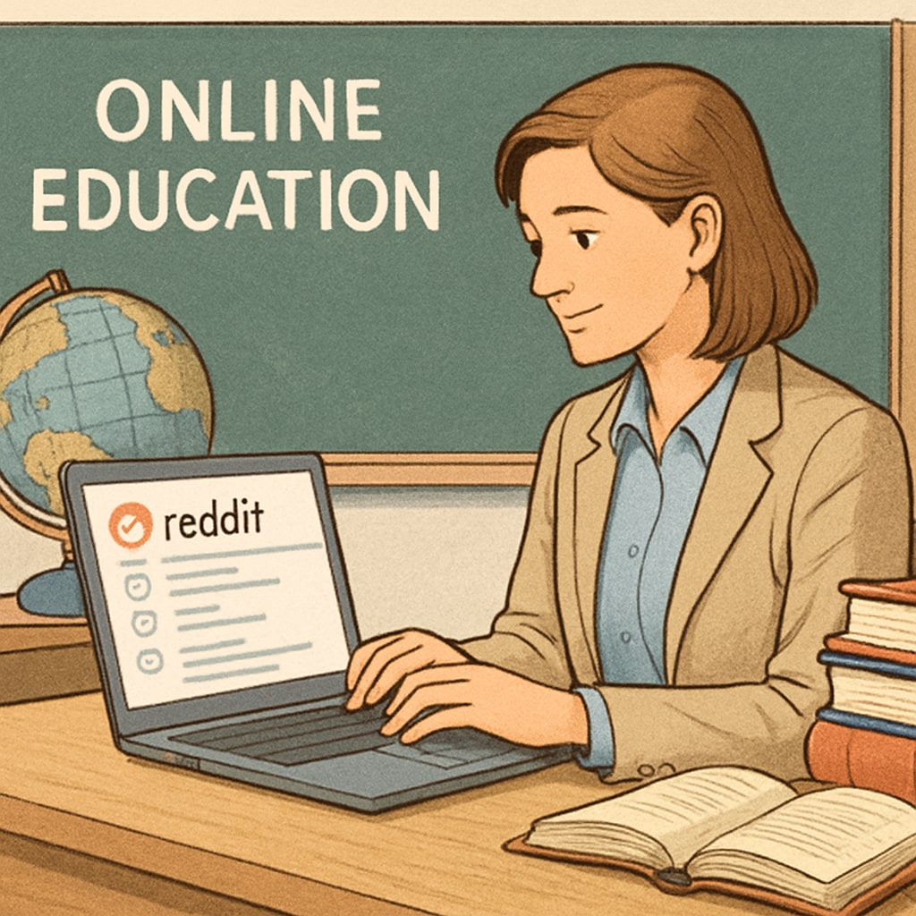 A teacher browsing Reddit on a laptop, symbolizing online education community engagement. A teacher using a laptop to explore Reddit education subreddits and resources.