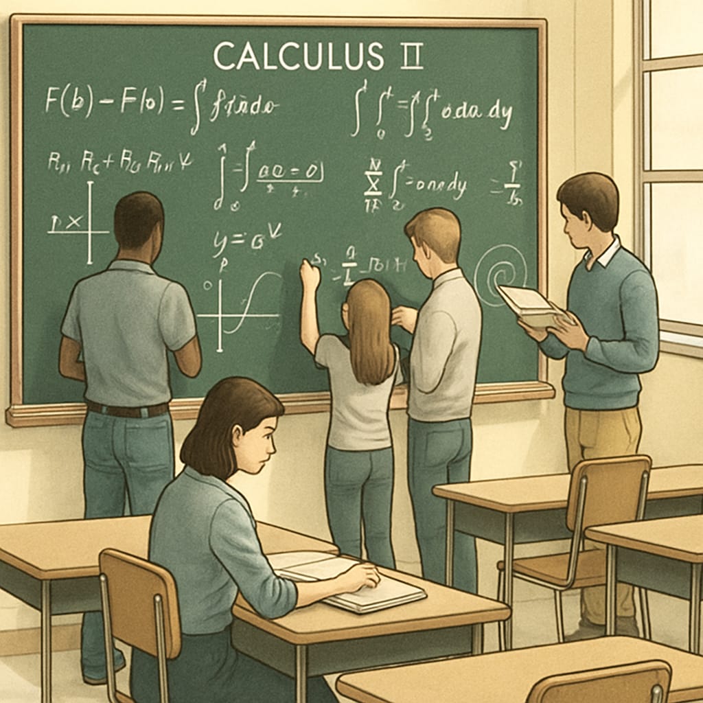 A classroom setting where students are solving advanced calculus problems on the board. This image highlights the educational environment relevant to Calculus II. Students solving advanced calculus problems on the board, relevant to biostatistics course selection.