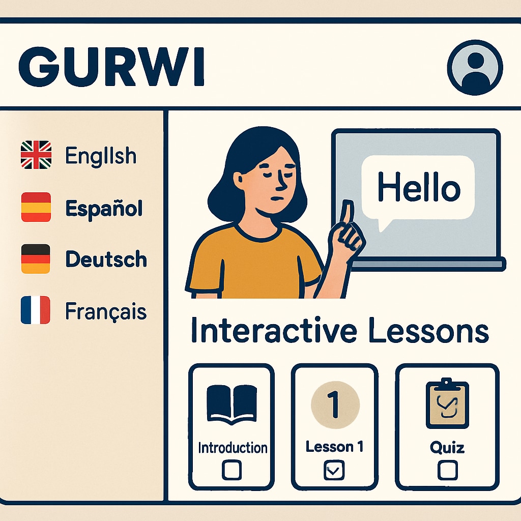 An illustrated interface of Gurwi showing multilingual options and interactive lessons. Gurwi app interface displaying multilingual and interactive learning features.