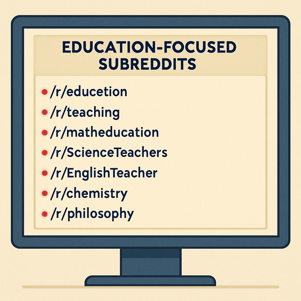 A list of education subreddits displayed on a computer screen, emphasizing the variety of resources available. A computer screen showing a selection of top Reddit education subreddits for teachers.