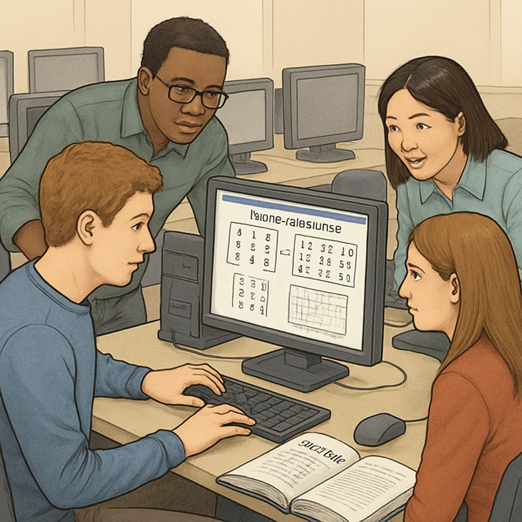 Students working on matrix calculations in a computer lab with statistical software. This image emphasizes the computational aspects of Linear Algebra in biostatistics. Students using statistical software to perform matrix calculations, relevant to Linear Algebra.