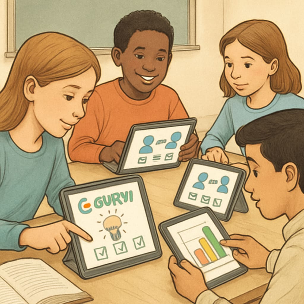 A group of students using Gurwi on tablets, collaborating in a classroom setting. Students using Gurwi for collaborative and interactive learning activities.
