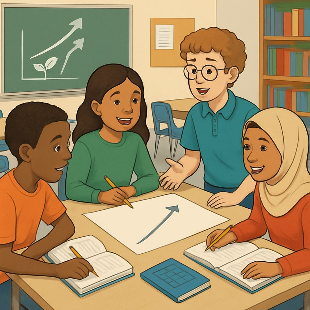 A classroom of diverse students engaged in a collaborative activity, illustrating inclusivity and growth-oriented learning. Diverse students collaborating in a classroom, symbolizing inclusive education and growth mindset.