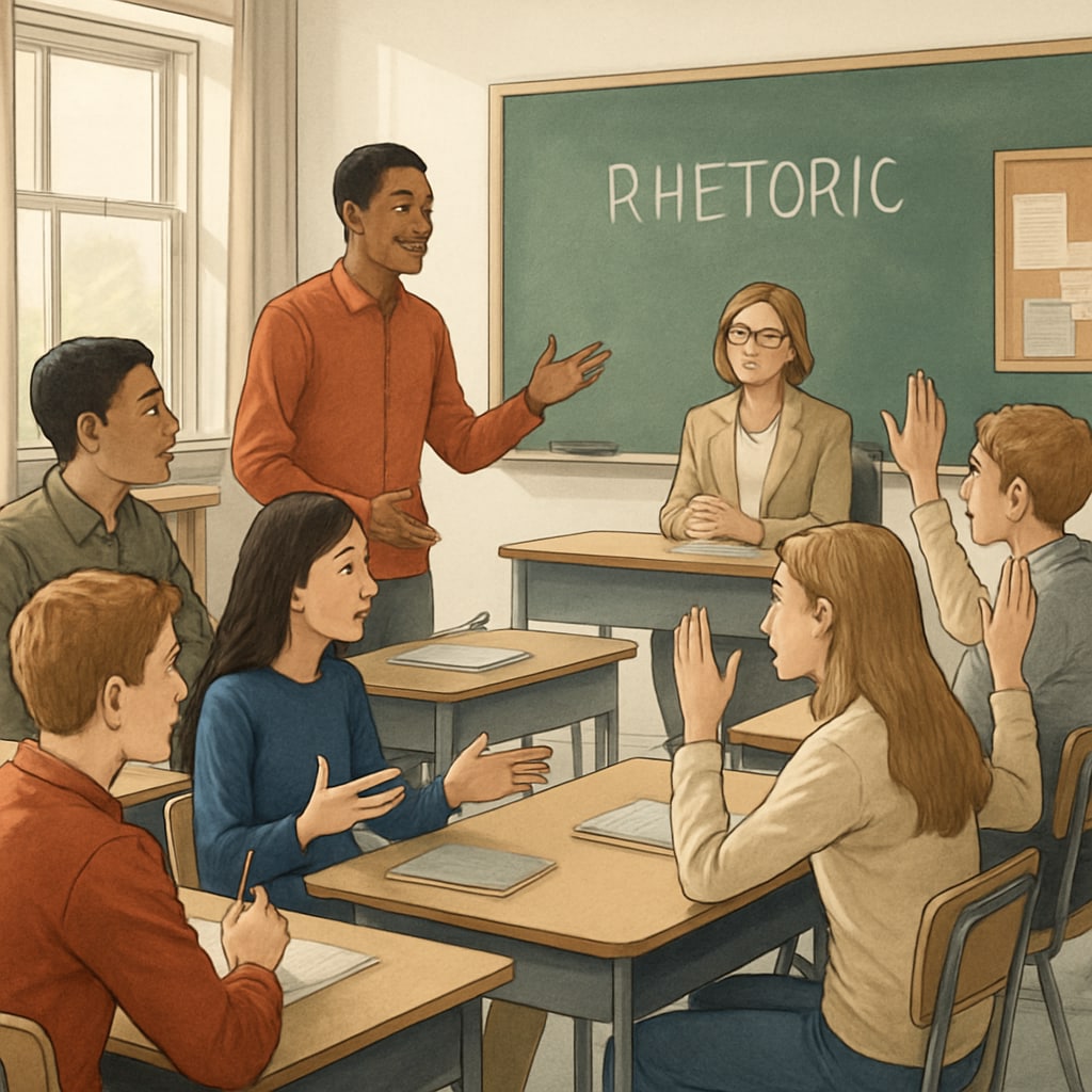 A classroom of high school students actively engaging in a debate during a rhetoric class. High school students discussing rhetoric during a humanities class.
