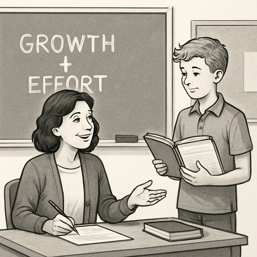 A teacher providing constructive feedback to a student, emphasizing effort and growth rather than innate ability. Teacher offering growth-focused feedback to a student, promoting resilience and learning.
