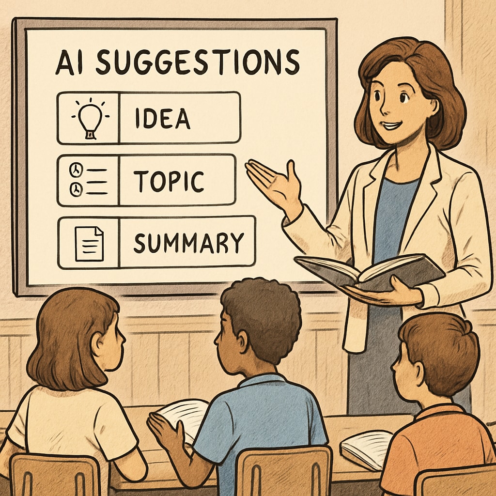 A teacher guiding students in a classroom while a digital screen displays AI-powered suggestions. Teacher using AI tools like ChatGPT to enhance critical thinking in education.