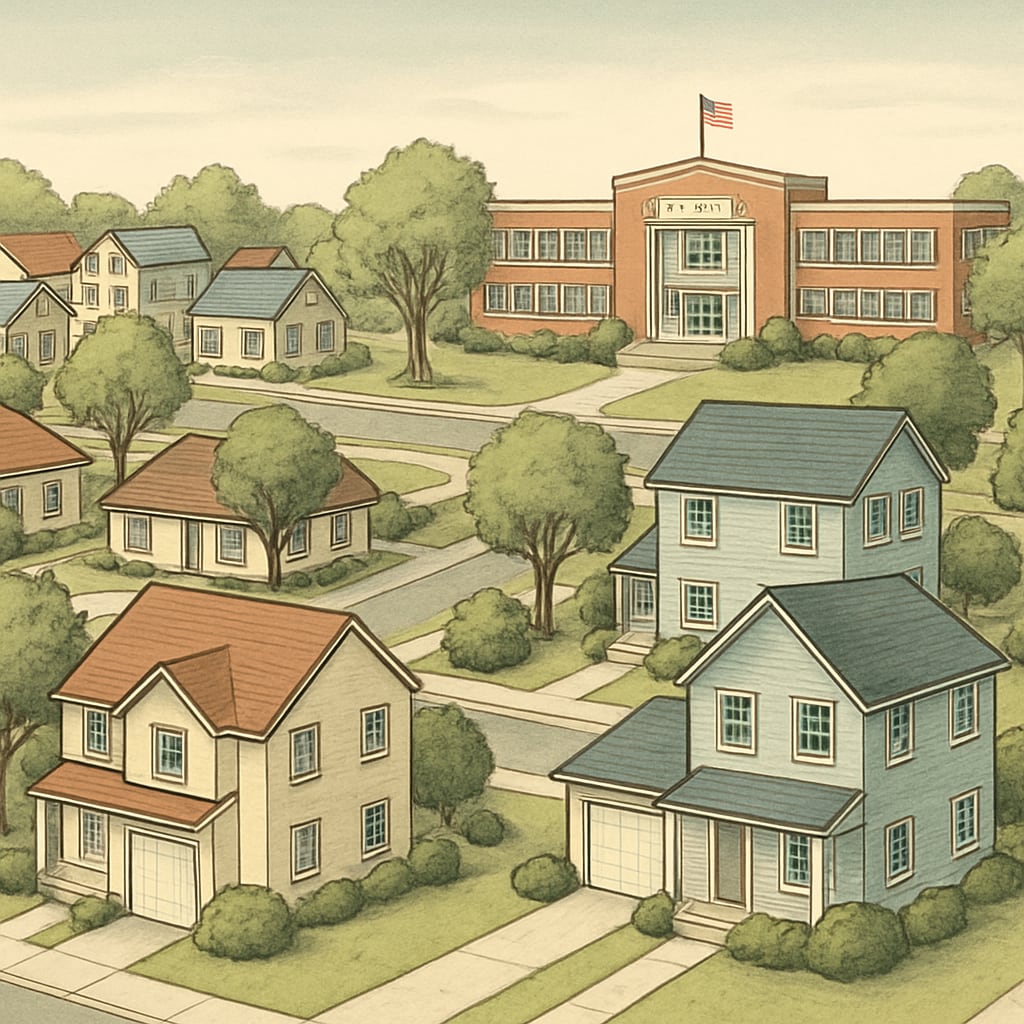 A suburban neighborhood with homes located near a highly-rated school district, illustrating the connection between real estate and education. Homes near a top-ranked school district, emphasizing property value and education quality.