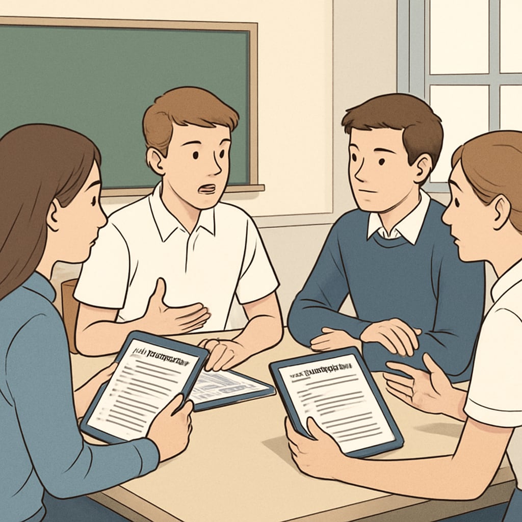 A student team reviewing AI-generated content on tablets and engaging in a group discussion. Students analyzing ChatGPT outputs to foster critical thinking and collaboration.
