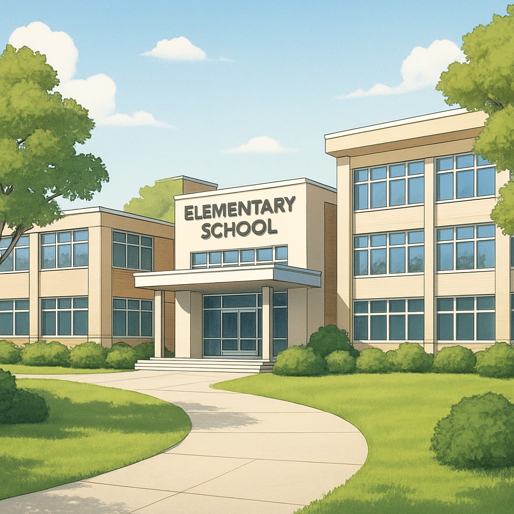 A modern elementary school building surrounded by green spaces, representing a well-funded top-ranking school. A top-ranking school building, highlighting its role in driving real estate demand.