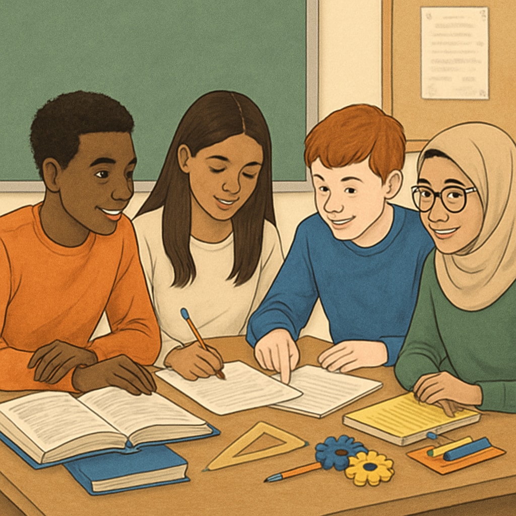 Students collaborating on a project, showcasing education's impact on empathy and teamwork.