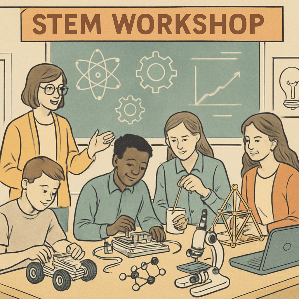 A classroom of students engaged in a STEM workshop led by university staff, with hands-on experiments taking place. The image highlights hands-on learning facilitated by university resources. STEM workshop facilitated by university employees engaging K12 students