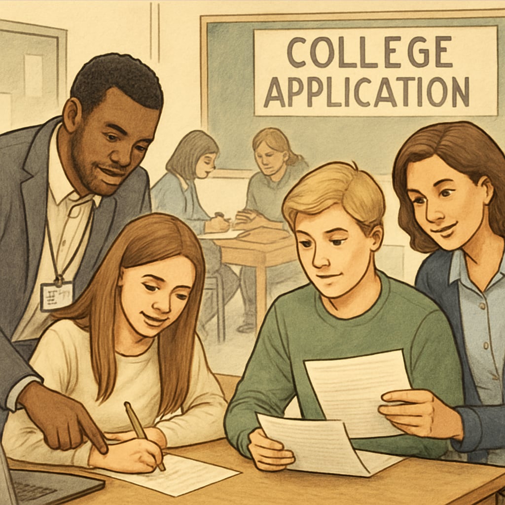University mentors working one-on-one with high school students during a college application workshop, showcasing collaboration between university staff and K12 students. University mentors assisting K12 students with college applications