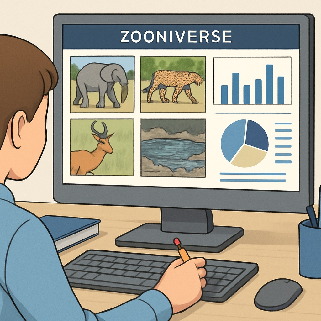 A close-up of a student analyzing wildlife data on the Zooniverse platform, with detailed animal images on the screen. Student analyzing wildlife data on Zooniverse, contributing to citizen science.