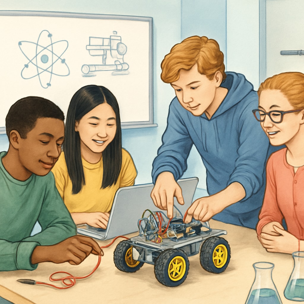 High school students collaborating on a STEM project, representing curriculum reform and STEM education.