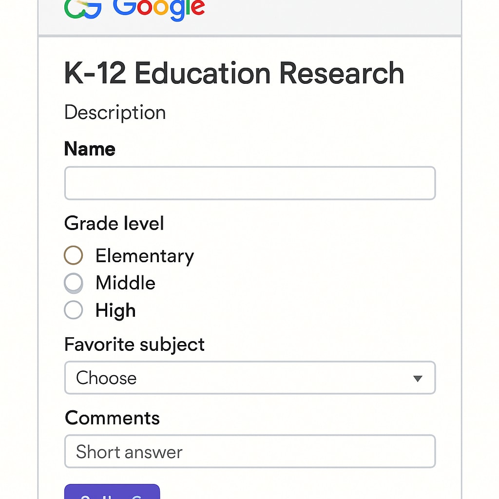 A screenshot of a Google Form survey being used for K12 education research, showing the interface and question types. Google Forms survey for K12 education research data collection