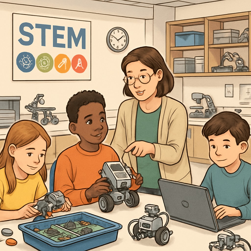 Teacher and students in a robotics lab, highlighting STEM education as a priority in curriculum reform.