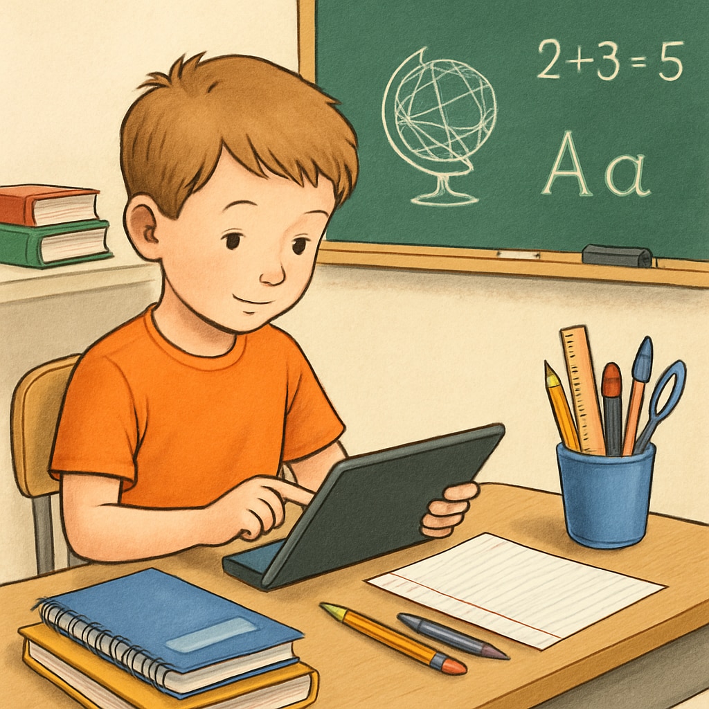 A child using a tablet in a classroom setting, symbolizing the integration of technology in education. A child using a tablet in a classroom setting to represent technology's role in K12 education.