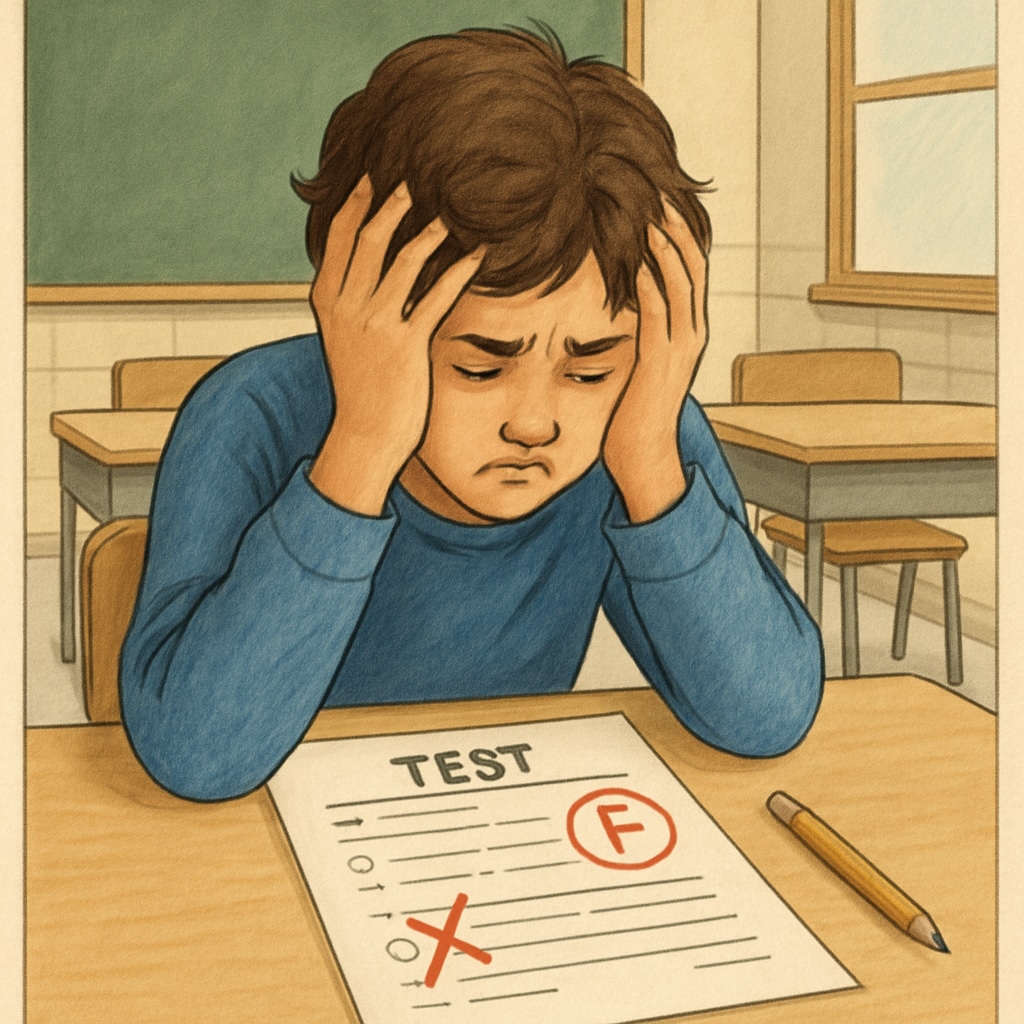 A frustrated student sitting at a desk with a graded test marked with an error, representing the emotional toll of teacher mistakes on students. A student concerned about a grading error in AP Physics C.