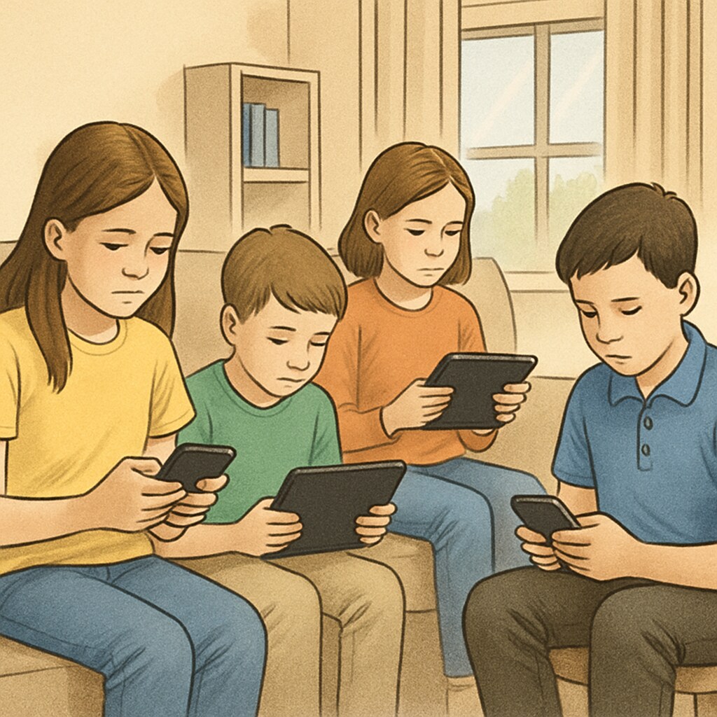 A group of children sitting together but looking at their individual devices, illustrating social isolation caused by technology. Children sitting together while using devices, representing social isolation due to technology overuse.