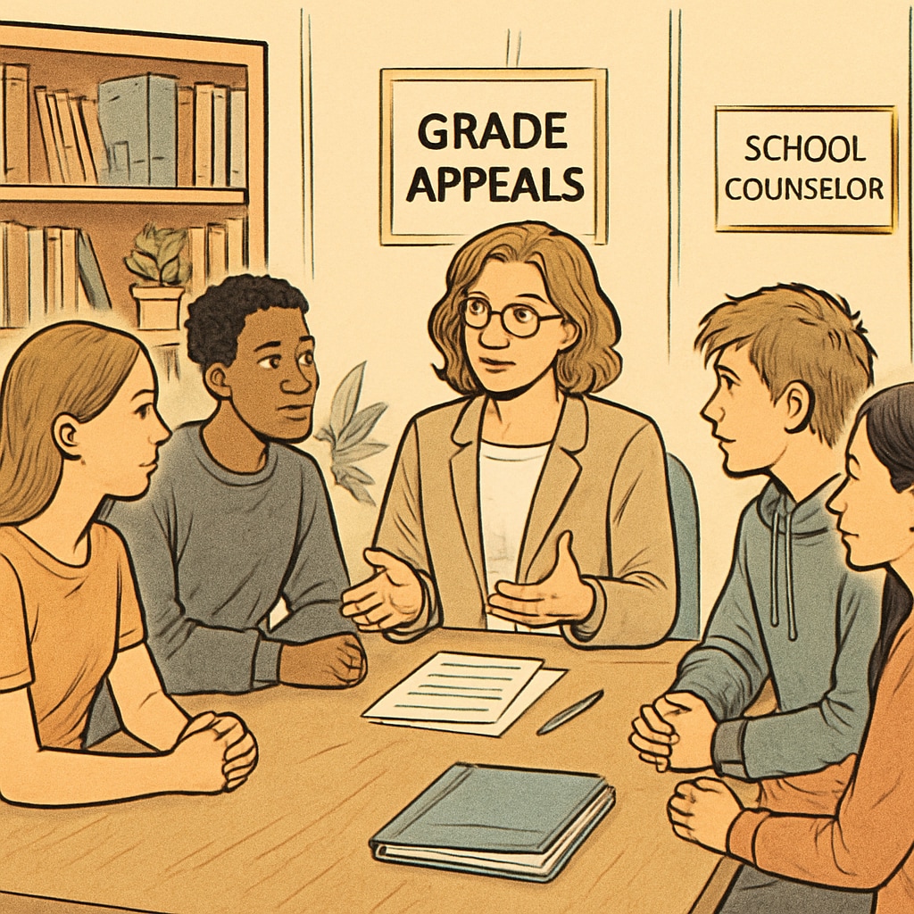 A group of students discussing grade appeals with a school counselor, emphasizing the importance of support during the appeal process. Students receiving guidance on grade appeals in K-12 education.