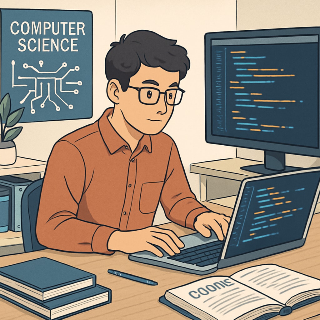A computer science student working on a coding project in a modern workspace. The image highlights technology and innovation. STEM student engaged in computer science coding project.