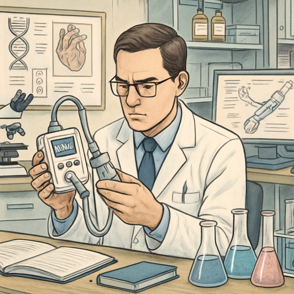 A bioengineer analyzing a medical device prototype in a laboratory environment. The image emphasizes bioengineering research. STEM student examining a bioengineering medical prototype.