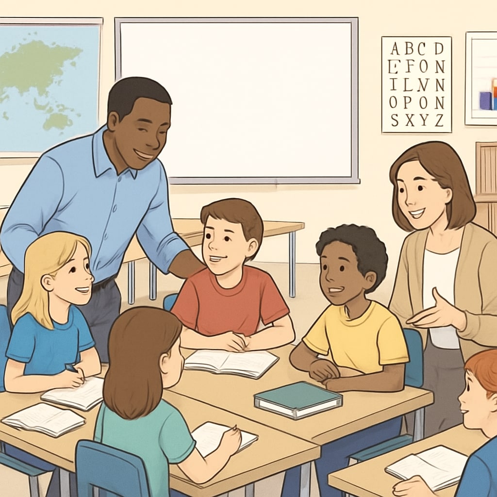 A classroom environment where teachers actively engage with students in small groups. Teachers supporting students in a collaborative classroom setting to boost academic success.