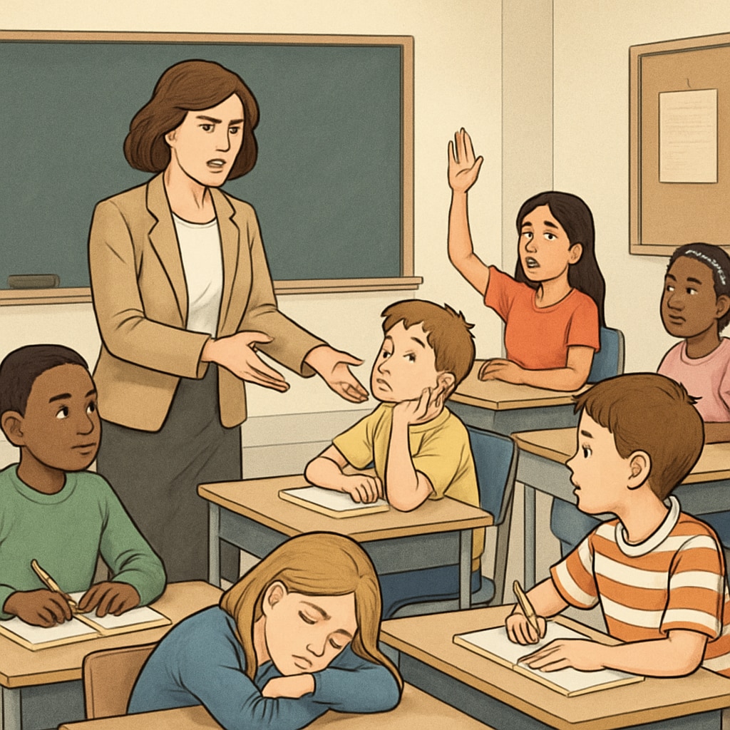 A classroom scene showing a teacher managing students with different engagement levels, illustrating the challenge of balancing diverse needs in public schools. Classroom with teacher and students, showing diverse engagement levels and classroom management.