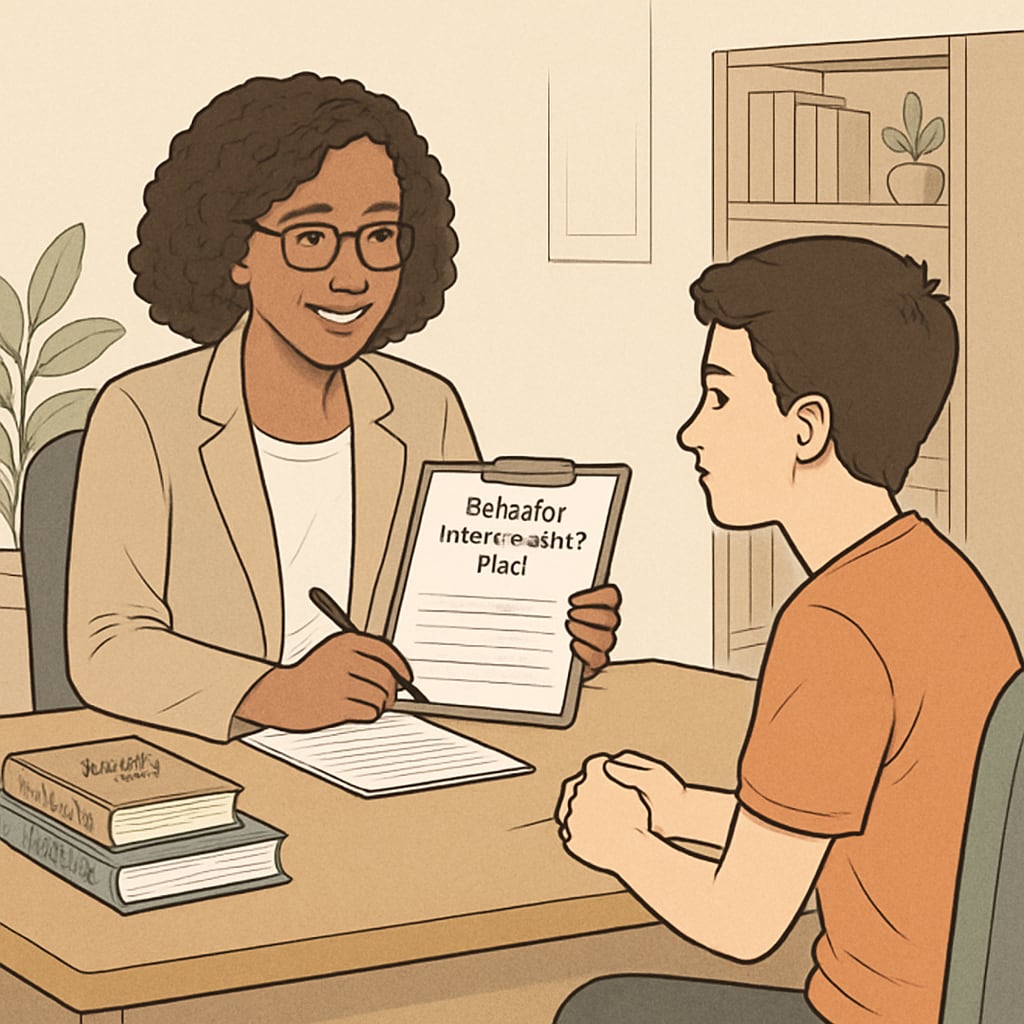 A school counselor conducting a one-on-one session with a student to discuss behavior improvement plans, representing targeted behavioral interventions. School counselor and student in session, focused on behavior improvement discussions.