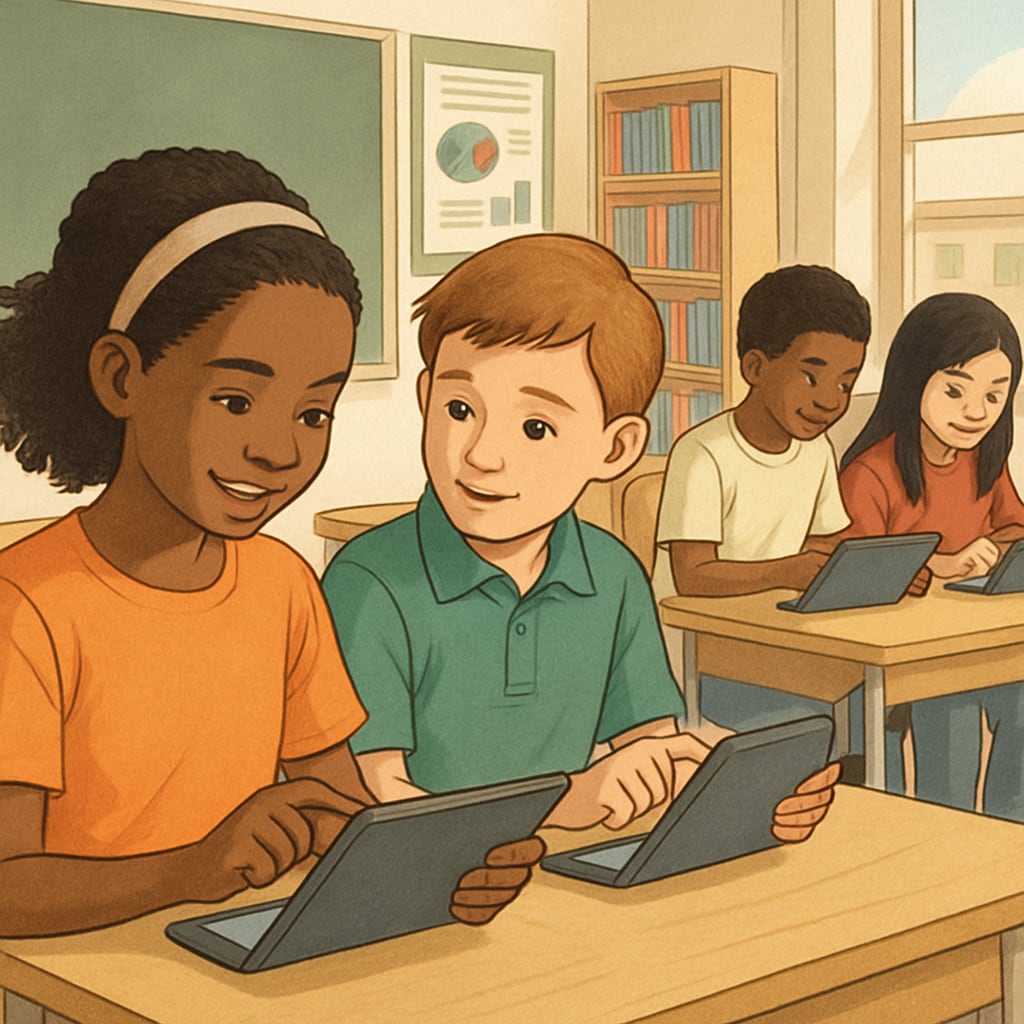 K12 students engaging in interactive learning with tablets through an education app.