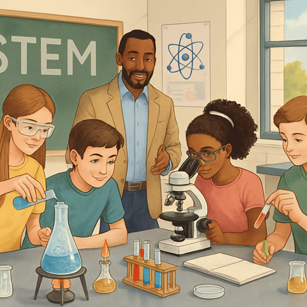 STEM classroom with students conducting lab experiments