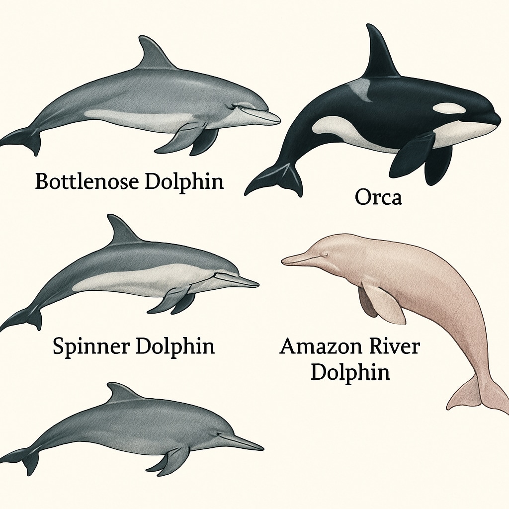 Illustration of dolphin species like Bottlenose Dolphin, Orca, Spinner Dolphin, and Amazon River Dolphin.