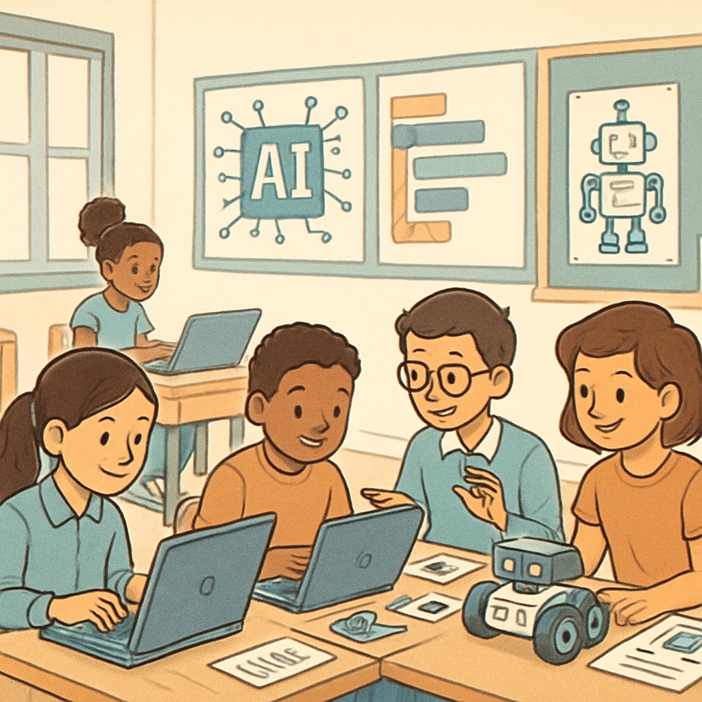 A classroom environment showing students actively engaged in coding and robotics activities, emphasizing the integration of AI into K12 education. Students working on coding and robotics projects to prepare for AI-driven careers.