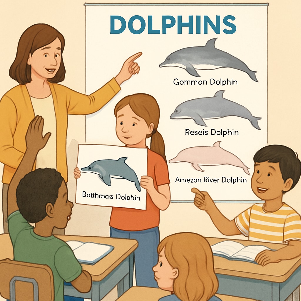 Children engaging in a classroom activity about dolphin species identification.